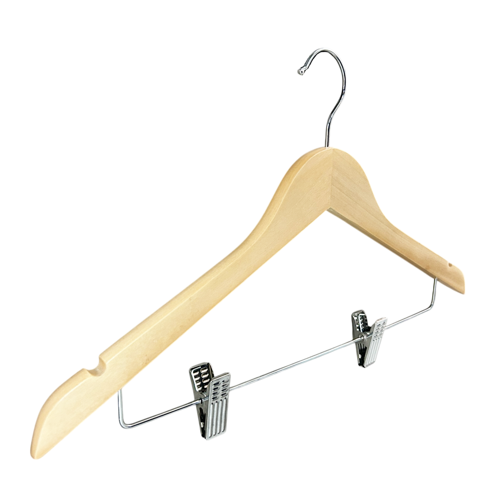 Wooden Hangers with Adjustable Heavy Duty Clips for Pants Skirt Jeans Slacks Shorts Hangers  Natural Color 