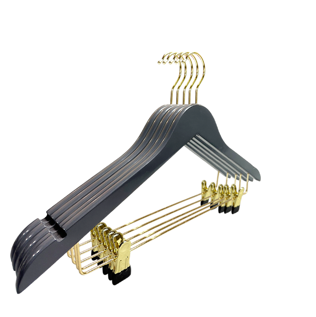 Customization Dark Wooden Pants Hanger with Gold Clips Rubber PVC Coating Nonslip 