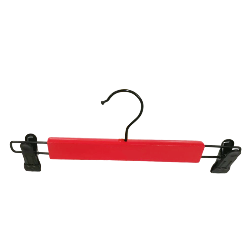 Red Wooden Pants Hanger with PVC Rubber Coating Clips Bottom Clip Hangers