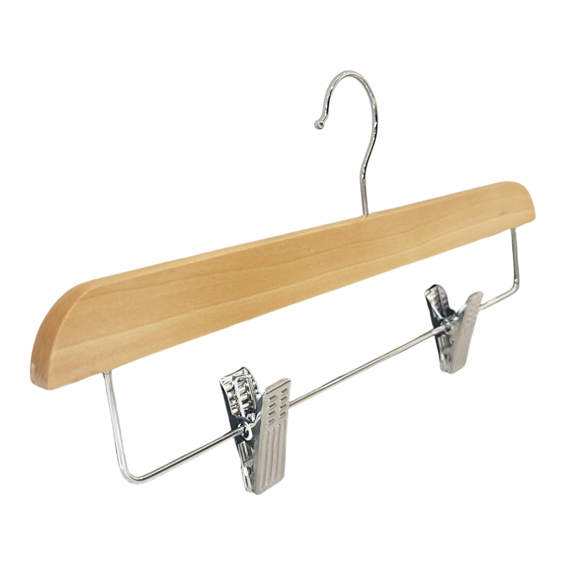  Heavy Duty & Anti Slip Wood Bottom Hangers Natural Wooden Pants Hanger with Clips Metal 