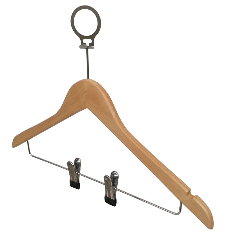 Natural Hotel Suit Hangers Wooden Clothes Hanger with Round Ring and Clips