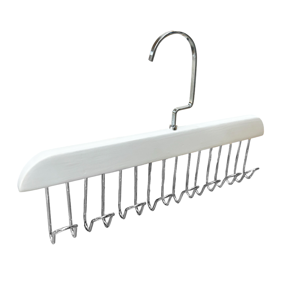 WhiteTie Holder Organizer Rack Premium Wooden Tie Hanger with 8 Accessory Hooks for Closet