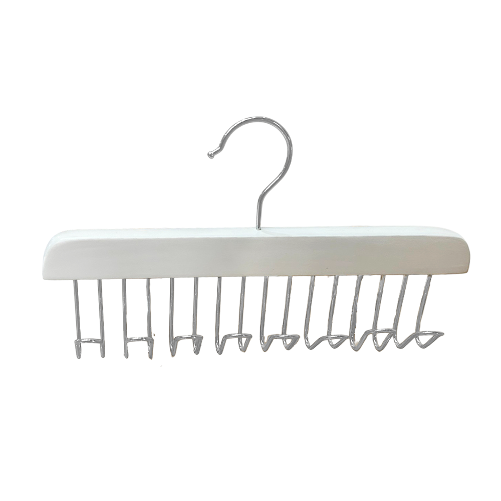 Space Saving Necktie Organizer White Wooden Scarf Tie Belt Organizer Rack with 8 Hook 