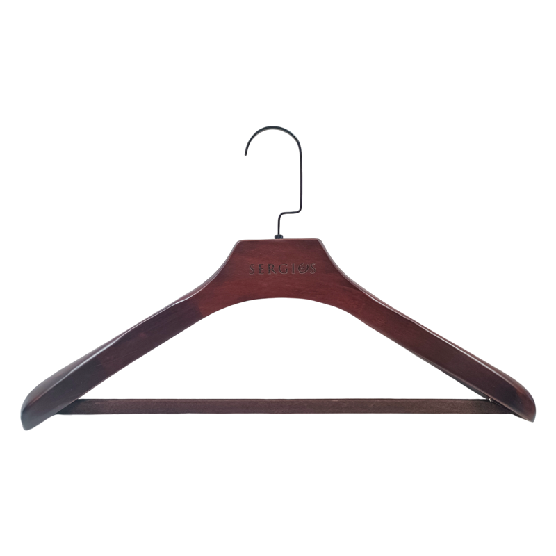 Customized Brand LOGO Wooden Coat Hanger with Wide Shoulder and Non-slip Flat Bar 
