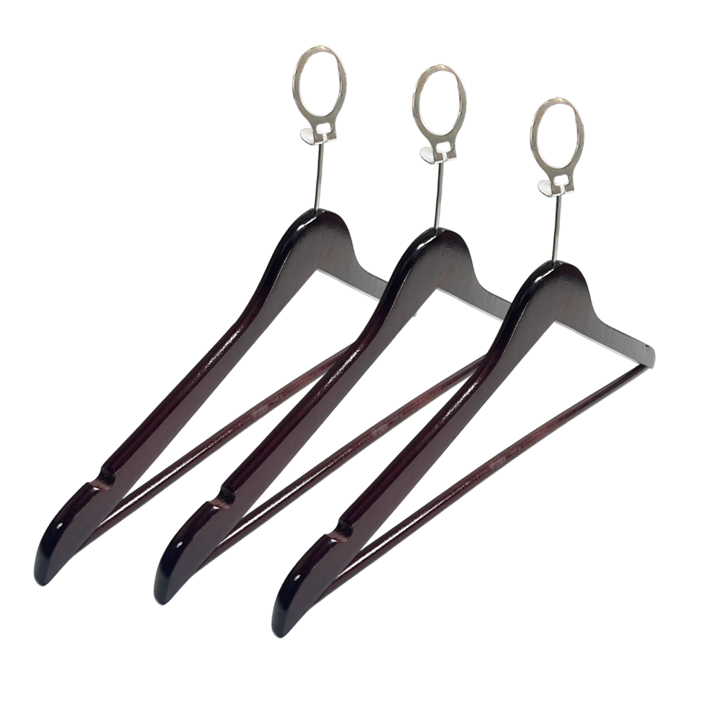 Hotel Wooden Hanger Brown Security Clothes Hangers with Metal Anti Theft Ring Lock