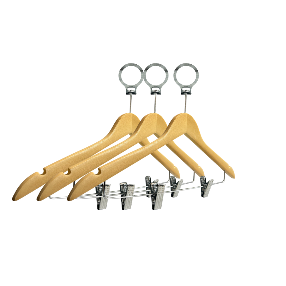 Five Star Hotel Wooden Hanger Wood Natural Anti-theft Pants Hanger with Adjustable Clips