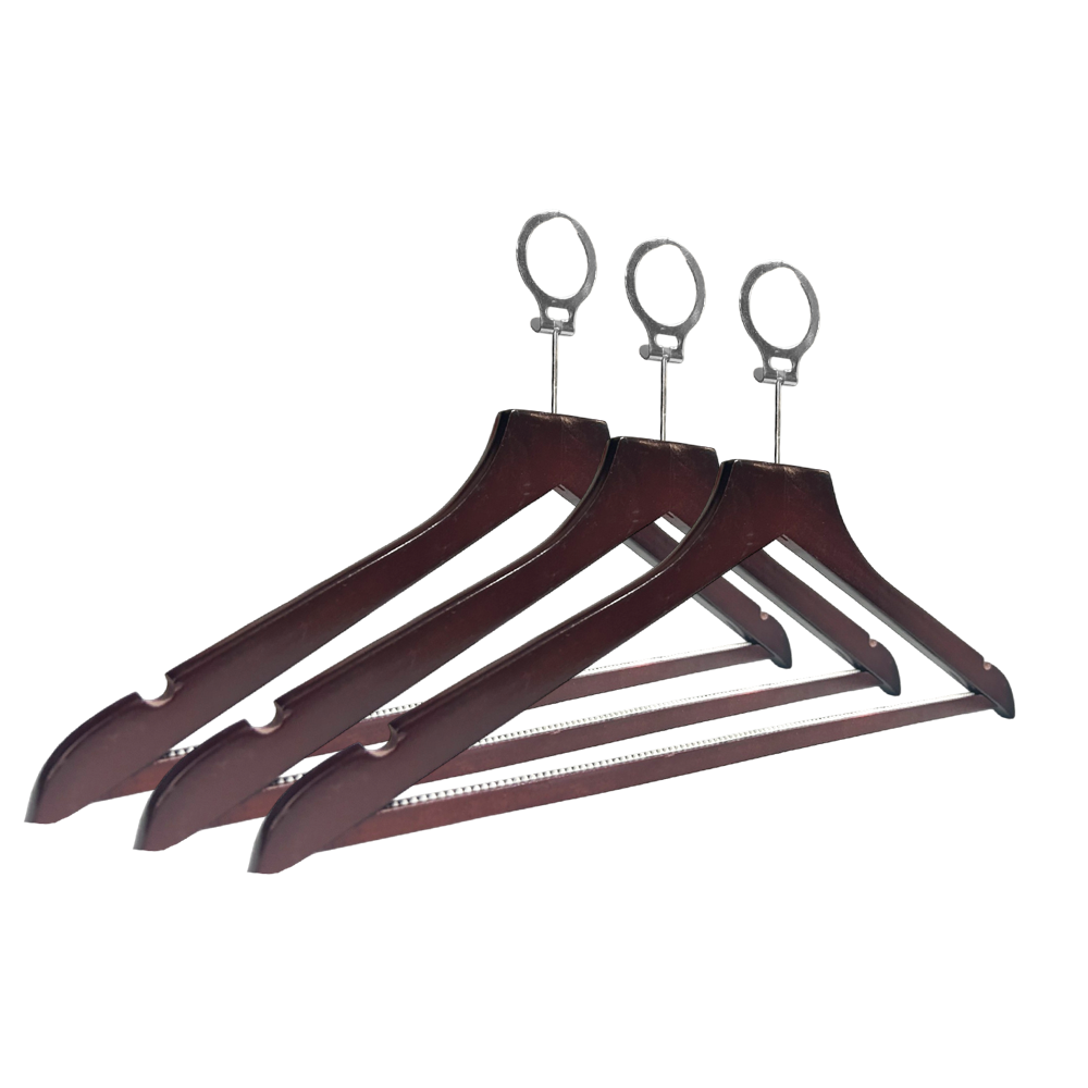 Dark Brown Wooden Hotel Hangers Non-Slip Wood Hangers with Anti-theft ring and Flat Bar
