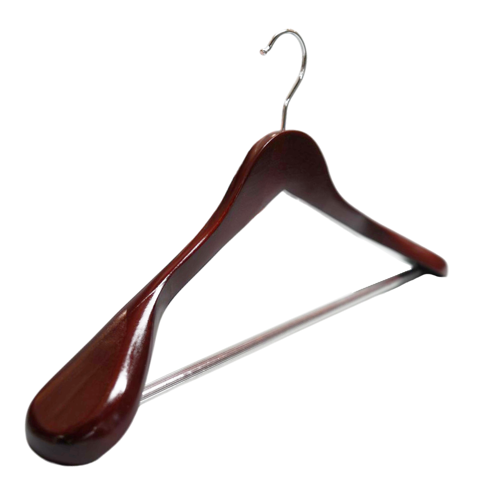 High Quality Dark Mahogany Wide Shoulder Wood Coat Hanger with Non-slip PVC Pant Bar