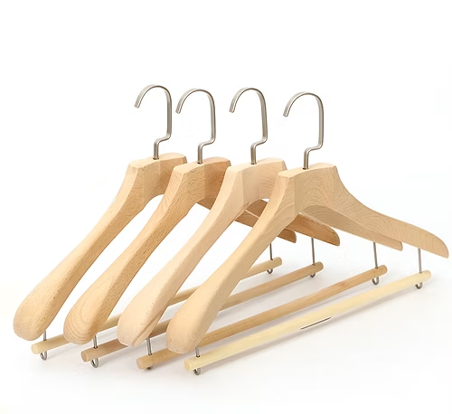 Hot - selling beech wide - shoulder wooden hangers customizable suitable for luxury brands ash wood hangers with rods also available