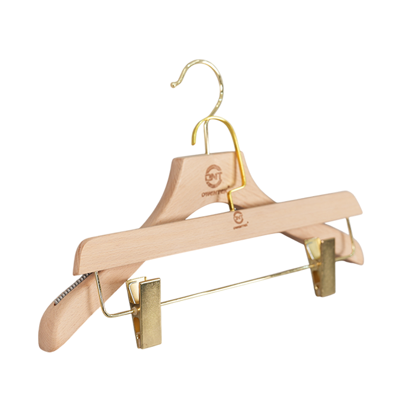 Custom logo Premium Solid Wood Hanger Set for Clothing Stores Gold Anti-Slip Clips Mark-Free Clothes & Pants Hangers